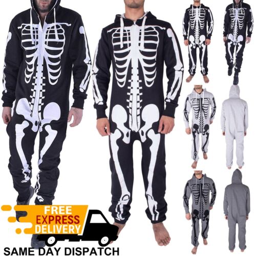 Mens Halloween Skeleton Bones Hooded Costume Scary Zip Up All In One Jumpsuit - Picture 1 of 7