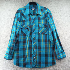 Wrangler Shirt Mens Large Blue Pearl Snap Plaid Western Dress Long Sleeve