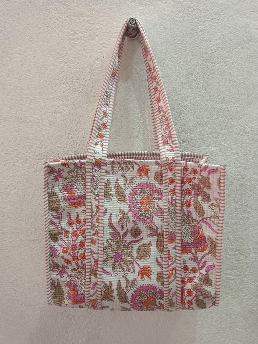 Women's Block Printed Cotton Tote Hand Bag Quilted Shoulder