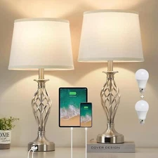 Table Lamp for Bedroom Set of 2 with USB C+A Ports, Modern Bedside Lamps