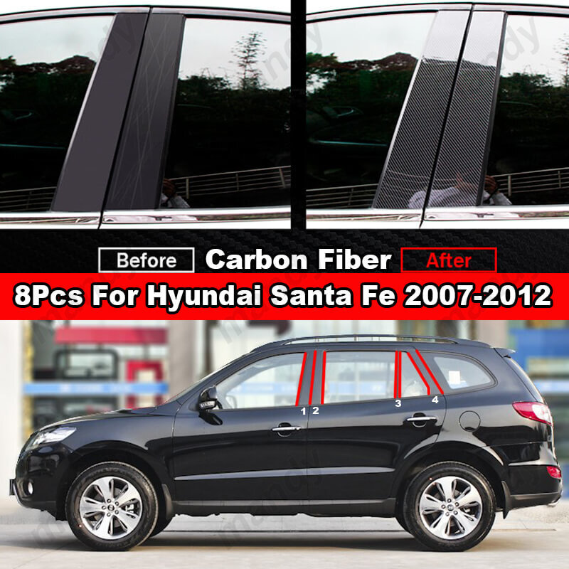8Pcs Black Glossy Pillar Post Door Trim Strips – Fits Hyundai Santa Fe 2007-2012