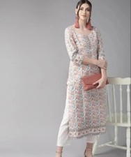 Indian Casual Wear; Women White Peach Printed Cotton Straight Kurta