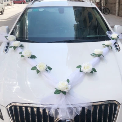 Auto Schmuck Deko Hochzeit Autogirlande Organza M 9x Weiß Blumen künstlich Paar