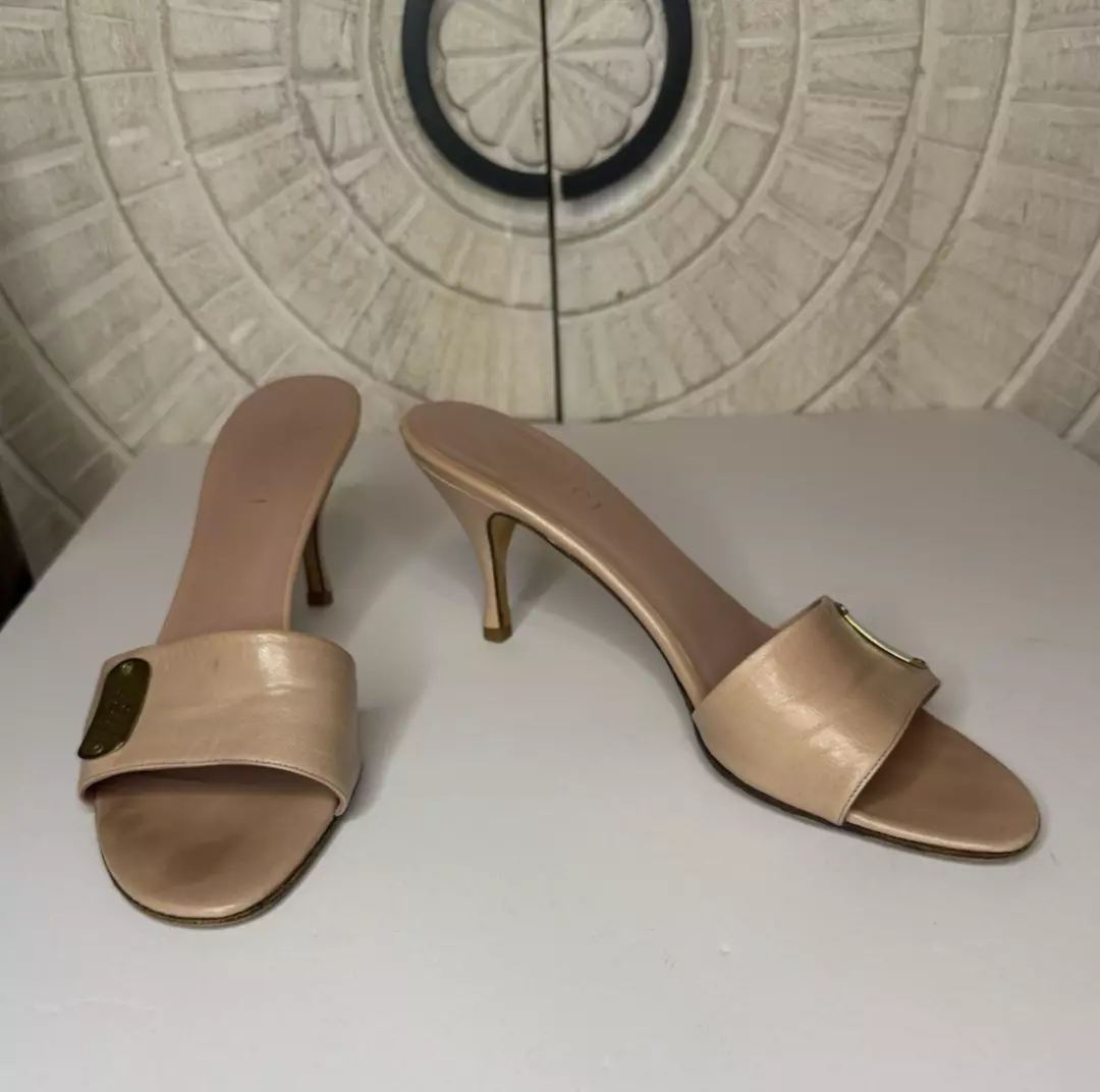 Sandales à enfiler mules talon chaton logo cuir rose/nu GUCCI 8B