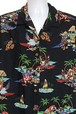 Benny's Hawaiian Camp Shirt Men's XL Parrots Cocktails Black Colorful Button