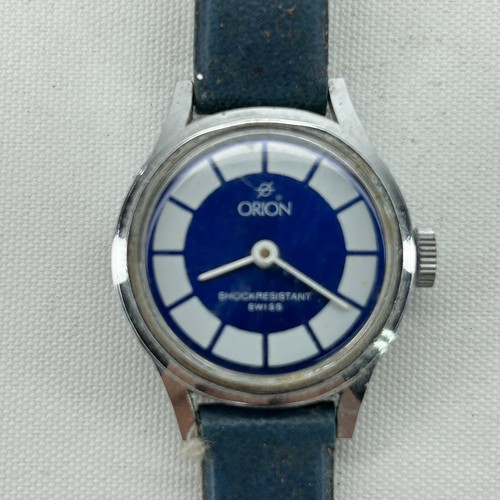Vintage Orion Armbanduhr Swiss Mechanisch Shock Resistant Blue Face Need Battery