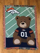 Vtg Denver Broncos Tapestry Throw Blanket Bear The Northwest Company NFL Fringe