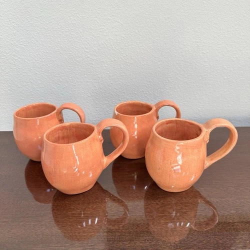 VTG RARE 1994-95 Aletha Soule Pottery Orange Mugs Cups Set Of 4 SIGNED 4 1/4"