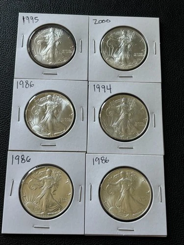 American $1 Silver Eagles BU Lot of (6) coins with 1986 (X3) 1994, 1995, 2000
