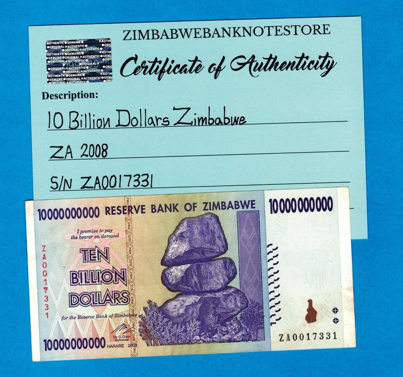 Zimbabwe 10 Billion Dollars Replacement Banknote 2008 COA Authentic ZA0017331