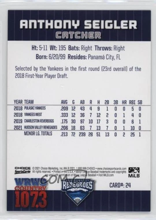 2021 Choice Hudson Valley Renegades Anthony Seigler #24 - Image 2 of 2