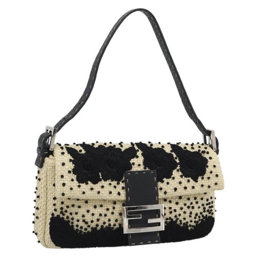 FENDI Celleria Flower Embroidery Straw Mamma Baguette 8BR101 Auth yk20689SM