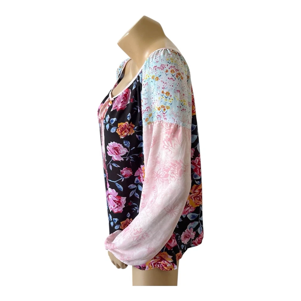 Blusa túnica campesina boho transparente retazos florales grandes de mujer pionera manga larga Foto 2 de 4