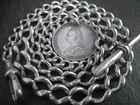 Heavy 41g Victorian Solid Sterling Silver Albert Pocket Watch Chain Lions + Coin