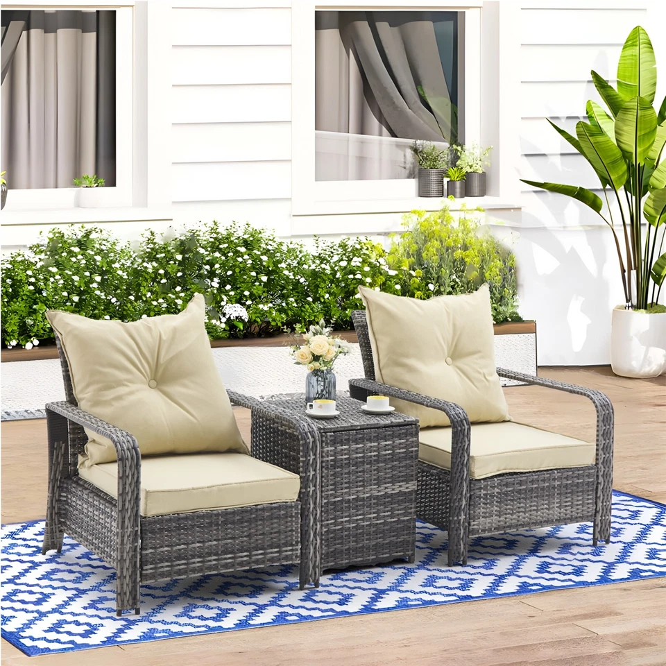 Juego de muebles de jardín de patio de 3 piezas sofá de ratán con cojín conversación de mimbre Foto 2 de 4