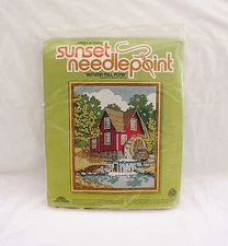 NEW 1979 Sunset Needlepoint Kit~AUTUMN MiLL POND~11" x 14"~#6805~Unopened & MINT