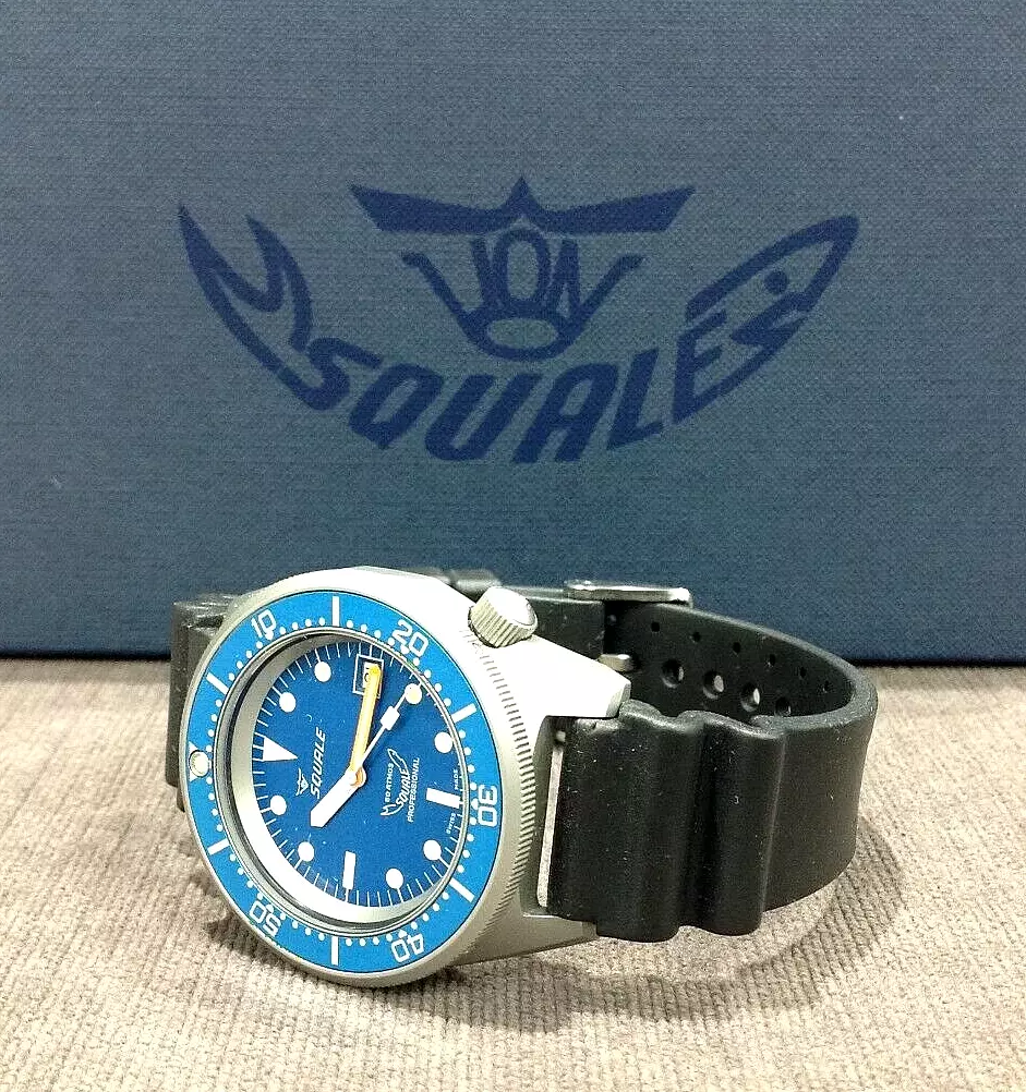 SQUALE 50 Atmos BLUE Sunburst Rubber Strap Swiss Dive Watch 42mm #1521