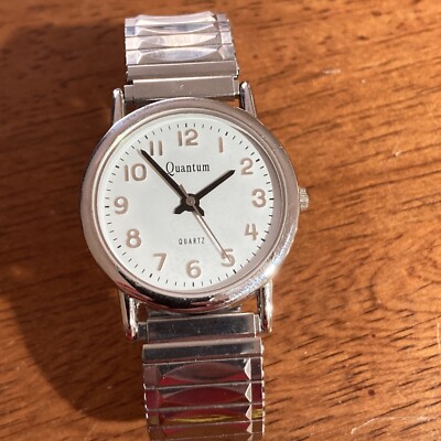 Quantum Mens Classic Silver Tone Watch w Stainless Steel Band Works w New Batt