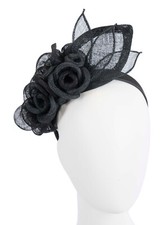 Black sinamay flower racing fascinator with feathers by Max Alexander AU Seller