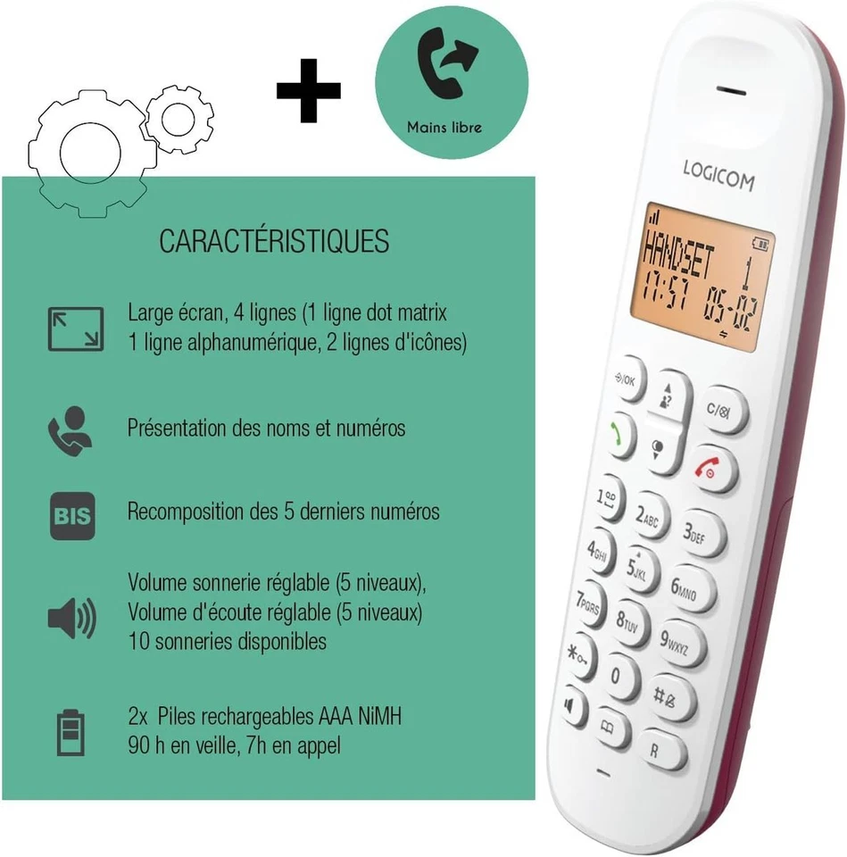 Logicom ILOA 150 Schnurloses Festnetztelefon Himbeere DECT Analog 7h Gesprächsda - Bild 2 von 2