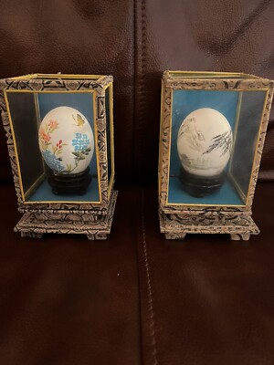 2 Vintage Asian Chinese Hand Painted Eggs with Flowers & Mountains Display Cases