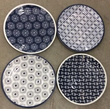 Artisan De Luxe Blue White Abstract  MELAMINE Dinner Plates Set 4