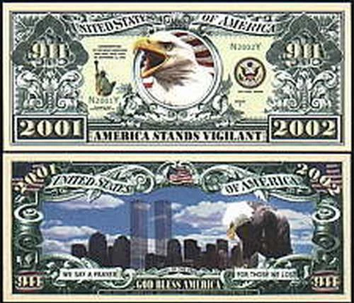 After 9-11 America Stands Vigilant 2001 Dollar Bill Novelty Note + FREE SLEEVE