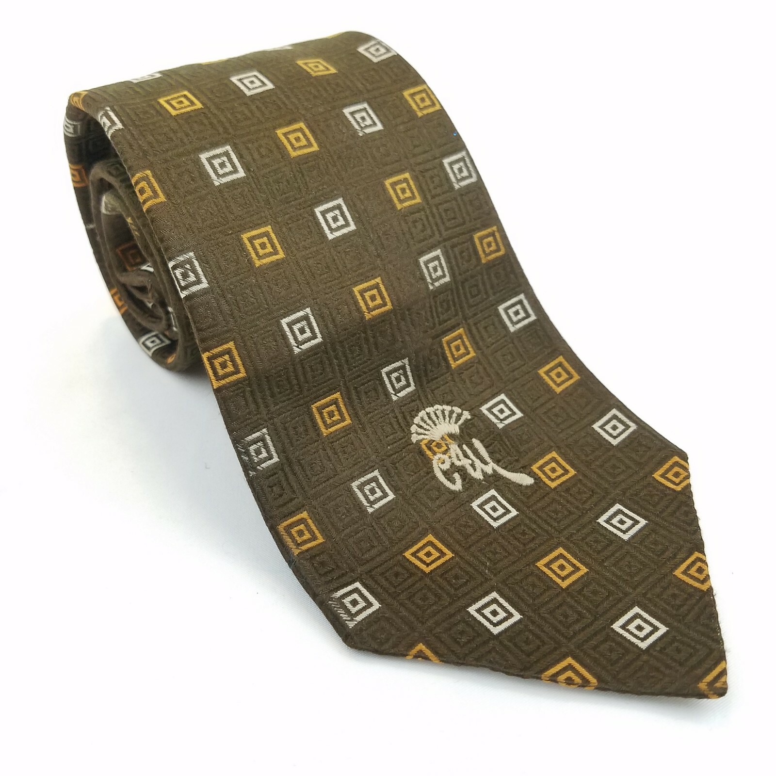 Juster's Countess Wara Mens Tie Brown Geometric Squares Necktie Silk