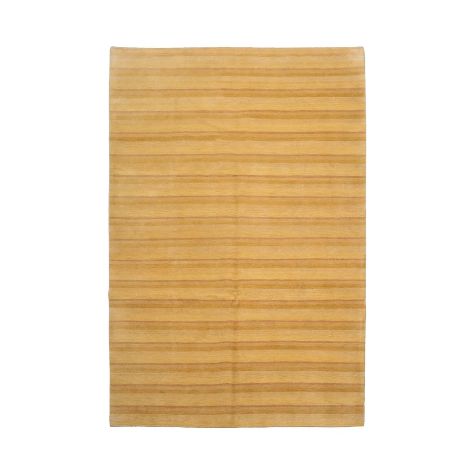 Alfombra de lana a rayas moderna tibetana anudada a mano dorada de 6' x 8'11"" Foto 2 de 4