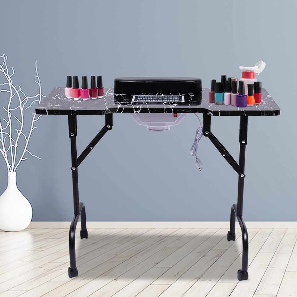Marbled Black Manicure Nail Table Portable Station Desk Beauty Salon