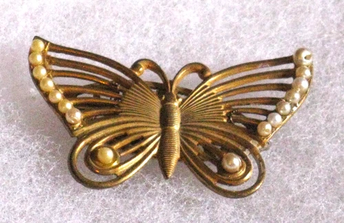 Vintage Signed Miriam Haskell Brooch Pin Gold Tone Butterfly  w/ Pearls RARE