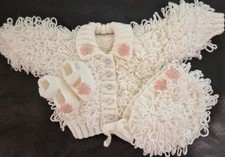Vintage style loopy jacket /cardigan set white 0-3mnths handknitted