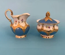 Antique Meissen Form B Blue Individual Sugar Bowl & Creamer Strewn Flowers Mini