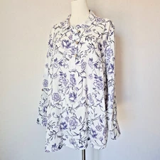 Cynthia Rowley Women 3X Linen Floral Popover Blouse Roll Tap Sleeve Purple White