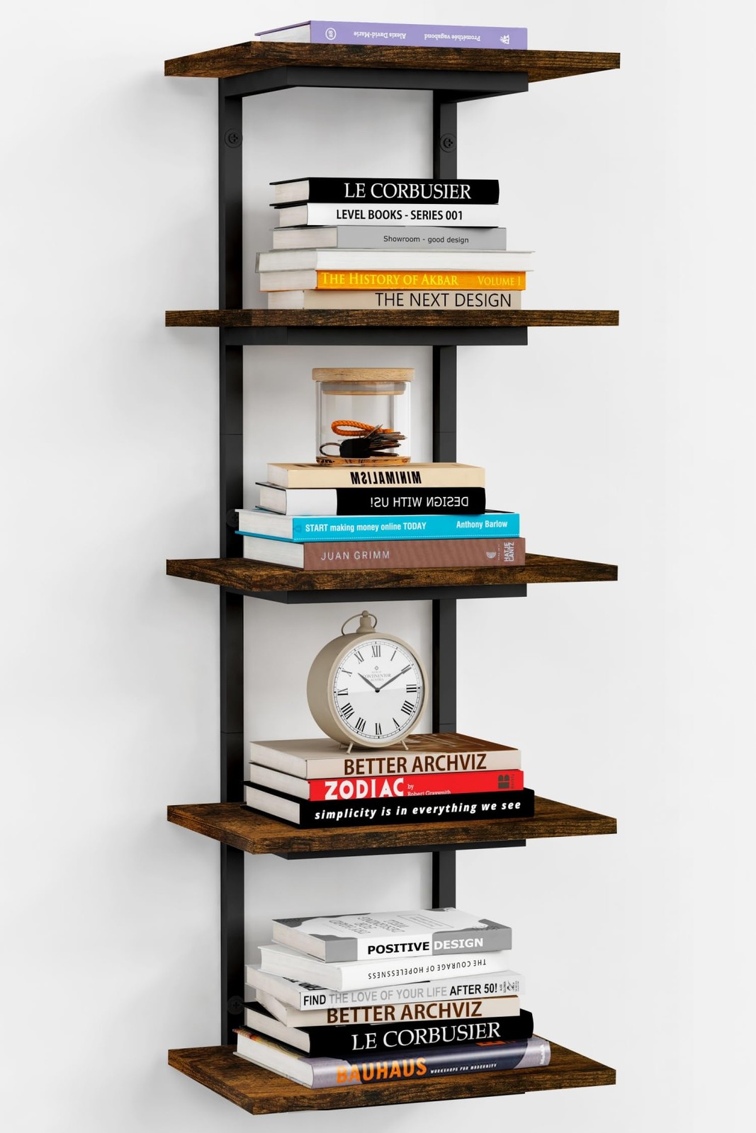 5-Tier Dark Brown Large Floating Wood Wall Bookshelf Tiered Hanging Shelf