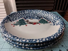 3 Tienshan Folk Craft CABIN IN SNOW Dinner Plates Christmas Stoneware 10.25"