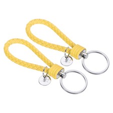 Braided Leather Keychain with Stainless Steel Key Ring Sleeve, 2 Pack Yellow