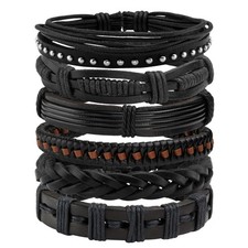 Leather Braided Bracelet Cuff Wrap Wristband for Men Women Adjustable D:6pcs
