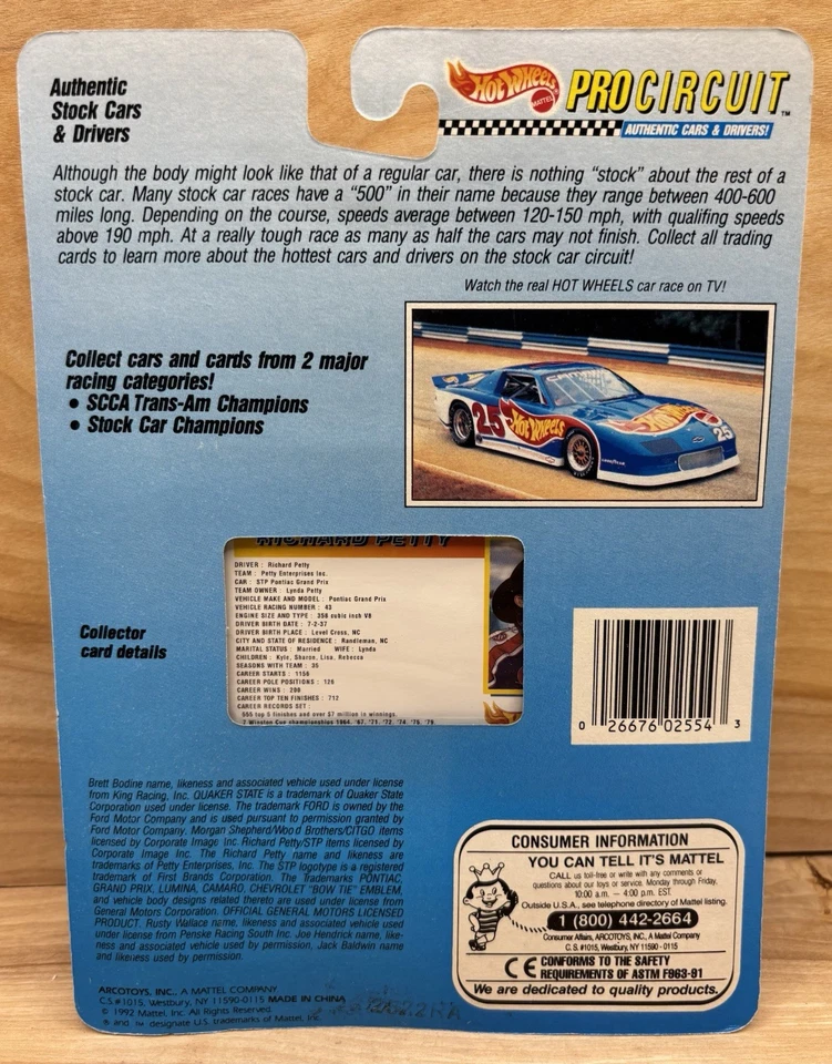老式 1992 年美泰风火轮专业赛道 Richard Petty 43 汽车和卡片 NASCAR — 第 2/2 张图片