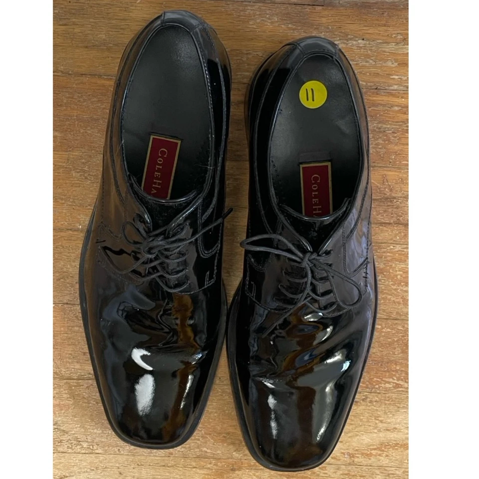 Vintage Mens Cole Haan Dress Shoes Size 11 Black Patent Leather Lace Up Derby  C - Image 2 of 4
