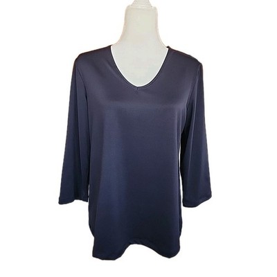 Susan Graver Black Liquid Knit Top M V-Neck 3/4 Sleeve Minimalist Capsule Basic