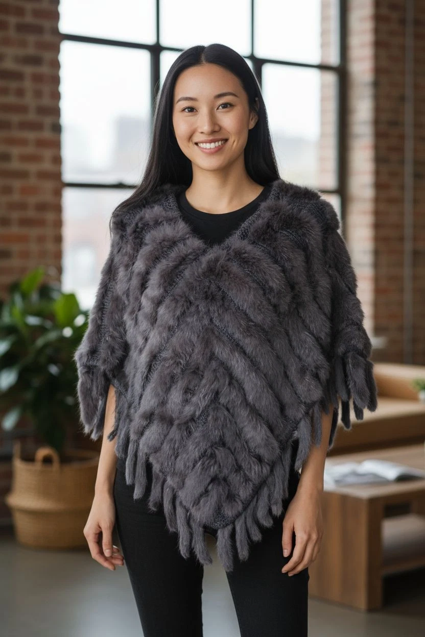 Ladies Poncho Real Rabbit Fur & Knitted Brown Size S/M