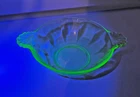 Vtg Anchor Hocking Panel  Optic Uranium Glass Berry Bowl - Shell Fan Handles 4"