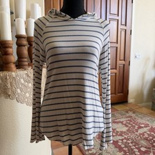 Karen Kane Gray Stripe Stretch Jersey Curved Hem Hoodie Tunic Top Size S