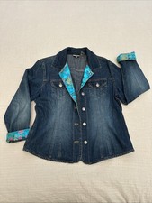 Chico's Platinum Denim Jacket Open Front Blue Satin Flowers trim size 2