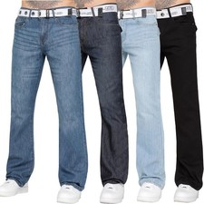 Kruze Mens Bootcut Jeans Wide Leg Flare Denim Belted Trouser Pants UK Waist Size