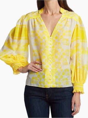 Alice + Olivia Serena Cotton Silk Bishop Sleeve Blouse Yellow White XL