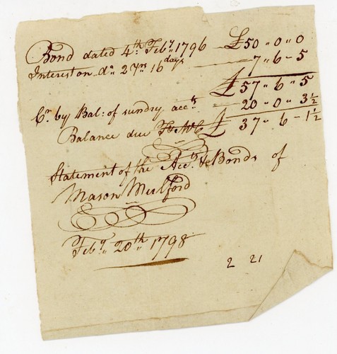 1796–1798 Handwritten Bond Account Statement Mason Mulford Cumberland NJ Bond