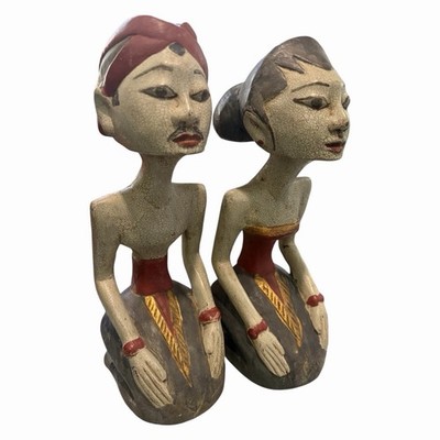 Antique Java Loro Blonyo Folk Art Pair Hand-Carved Wood Polychrome 1920-1940