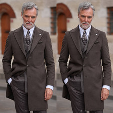 Peak Lapel Men's Long Jacket Wool Fall Winter Warm Overcoat Single Breasted Coat